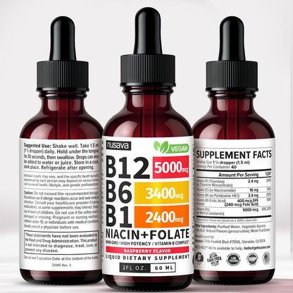 NUSAVA (2 Pack) Vitamin B12 Liquid Drops with B6, B1, Niacin & Folate — B12 Sublingual Vitamin B Complex, Methylcobalamin 5000 mcg, for Energy, Brain & Heart Support, Raspberry Flavour, 80 Servings