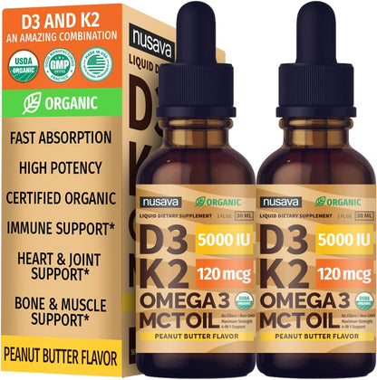 (2 Pack) Organic Vitamin D3 K2 Drops with MCT Oil & Omega 3 - Liquid Vitamin D3 5000 IU - K2 D3 Vitamin Supplement - Vitamin D Drops for Women & Men - No Fillers, Non-GM, GMP, Vanilla (2 Fl Oz)