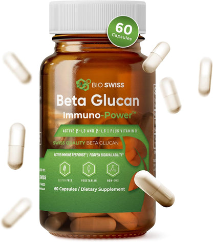 Bio Swiss Beta Glucan Immunity Power - 1,3D-1,6D Glucan with Vitamin D - Immune Support Supplement for Enhanced Defence and Wellbeing - Vegan, Gluten free (120 Capsules)