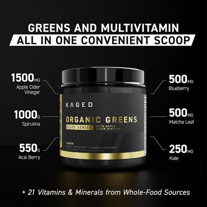 Kaged Organic Greens Elite - Superfood Greens Powder with Apple Cider Vinegar, Adaptogens, Prebiotics & Vitamins, Berry Flavour, 30 Servings