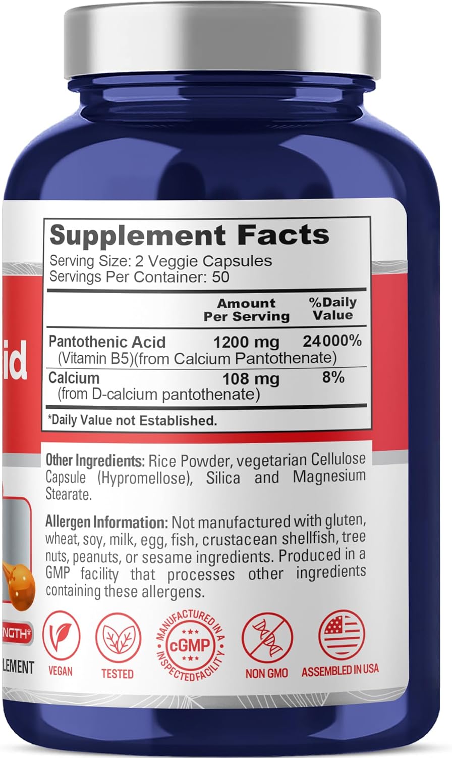 NusaPure Vitamin B5 Pantothenic Acid 1,200mg Per Serving, 100 Capsules - Vegetarian and Vegan, Non-GM Dietary Supplement – Image 2