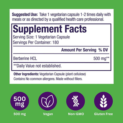 Paradise Herbs Berberine Extract 500 mg – Pure & Potent Supplement, 180 Vegan Capsules
