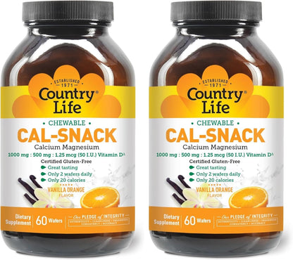 Country Life Cal-Snack Chewable Calcium, Magnesium & Vitamin D – 1000mg/500mg/50 IU – 60 Wafers