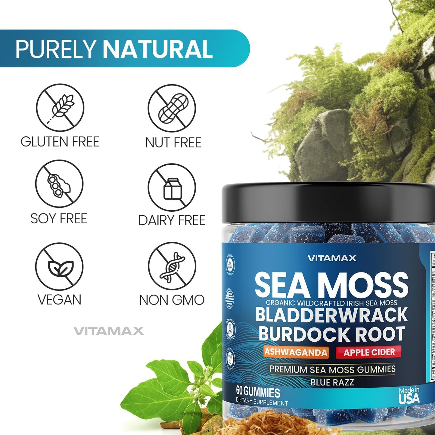 Vitamax Irish Sea Moss Gummies – Multi-Mineral Supplement with Sea Moss, Bladderwrack, Ashwagandha, Burdock Root & ACV – 60 Gummies - görsel 7