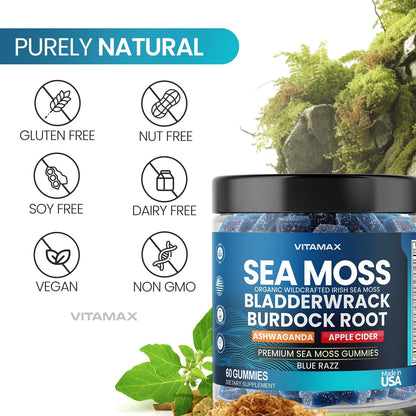 Vitamax Irish Sea Moss Gummies – Multi-Mineral Supplement with Sea Moss, Bladderwrack, Ashwagandha, Burdock Root & ACV – 60 Gummies