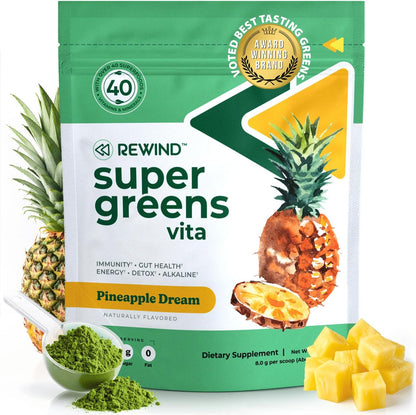 Rewind Best Tasting Super Greens Powder – Peach Flavour (40+ Superfoods, Vitamins & Minerals)
