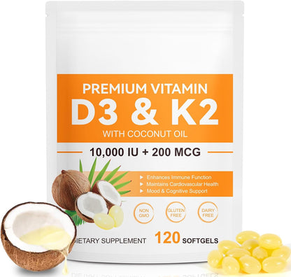 Vitamin D3 K2 Supplement Soft-gels, 10000 IU Vit D3 + 200 mcg K2 (MK-7) | 2-in-1 Formula with Coconut Oil, Supports Calcium Absorption, Easy to Swallow 120 Capsules
