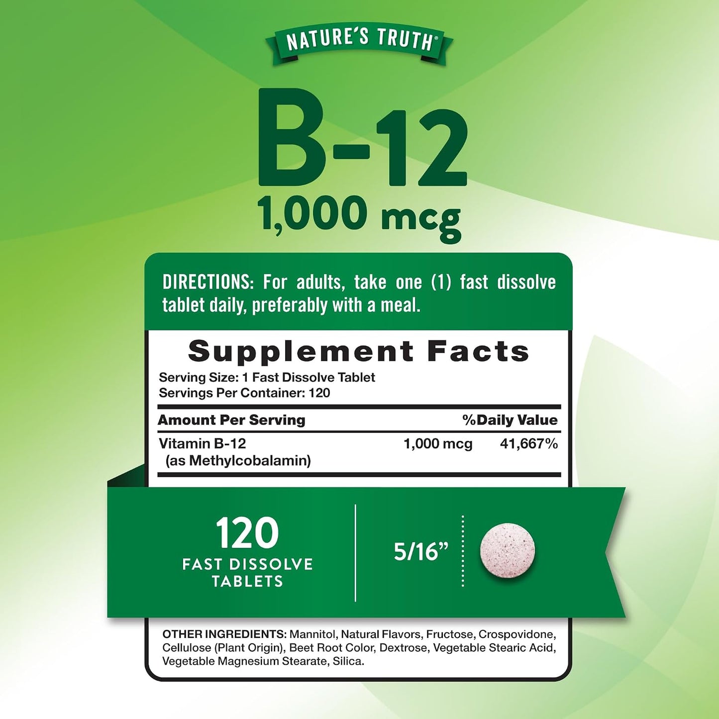 Nature's Truth B12 Vitamin Sublingual Tablets, 1000 mcg, 120 Count - Vegan, Non-GM & Gluten free - görsel 2
