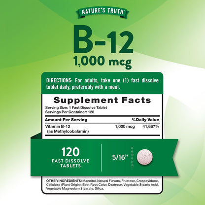 Nature's Truth B12 Vitamin Sublingual Tablets, 1000 mcg, 120 Count - Vegan, Non-GM & Gluten free
