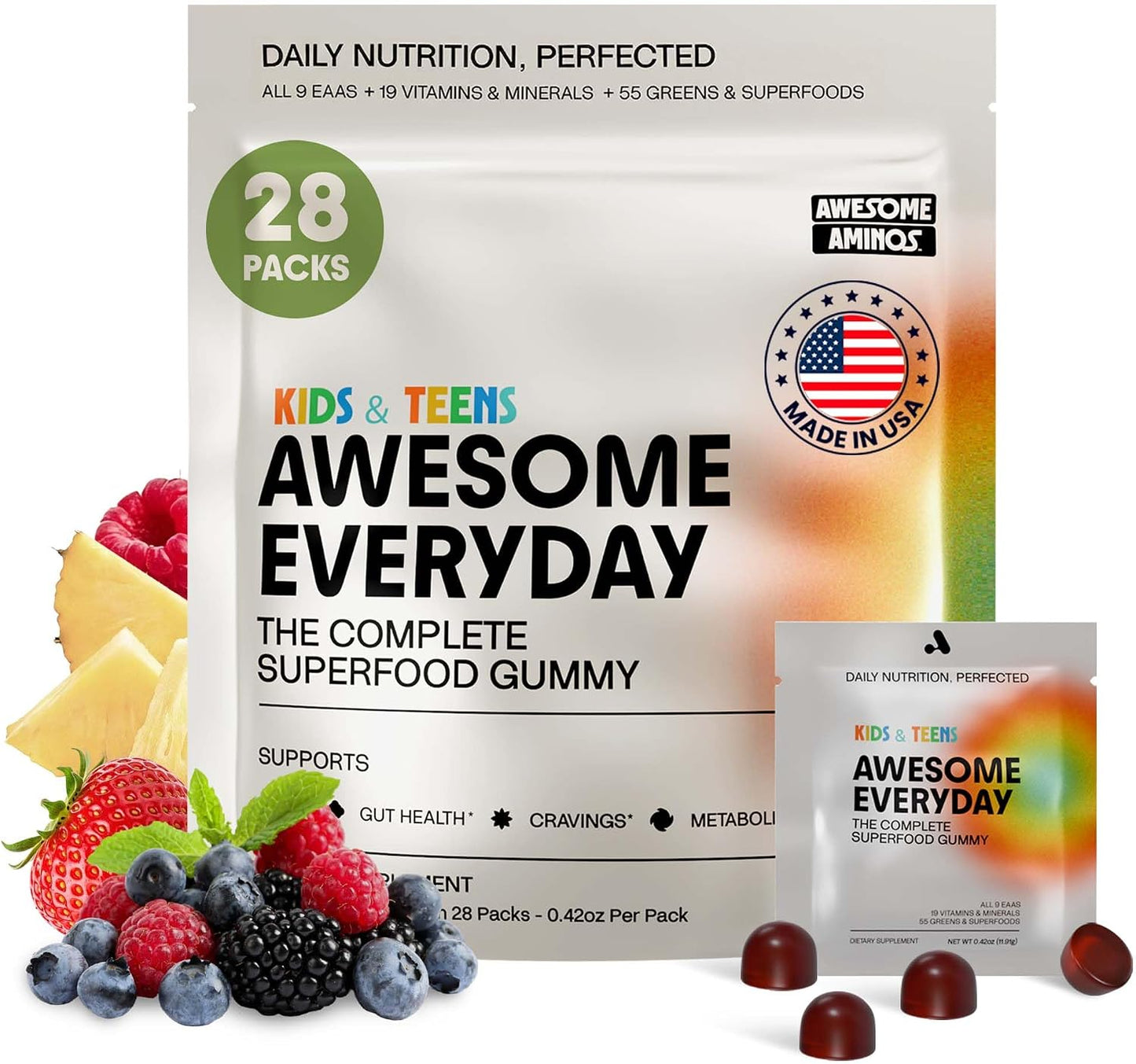 Awesome Everyday Essential Daily Nutrition Gummies - 9 Essential Amino Acids + Vitamins, Minerals & Organic Greens and Superfoods - Fermented Nutrition for Energy, Brain & Immunity – Kids – 28 Count - görsel 1