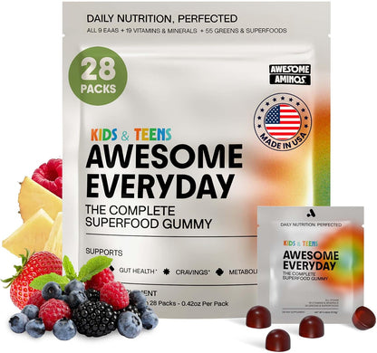 Awesome Everyday Essential Daily Nutrition Gummies - 9 Essential Amino Acids + Vitamins, Minerals & Organic Greens and Superfoods - Fermented Nutrition for Energy, Brain & Immunity – Kids – 28 Count