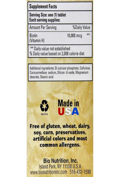 Bio Nutrition Biotin 10,000 mcg, 60 Tablets