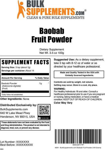 BulkSupplements.com Baobab Fruit Powder - Antioxidant Supplement, Gluten free, 7g per Serving, 100g