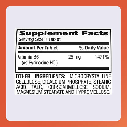 Rugby Vitamin B-6 Tablets - 25mg Vitamin B6 - Dietary Supplement - 100 Tablets