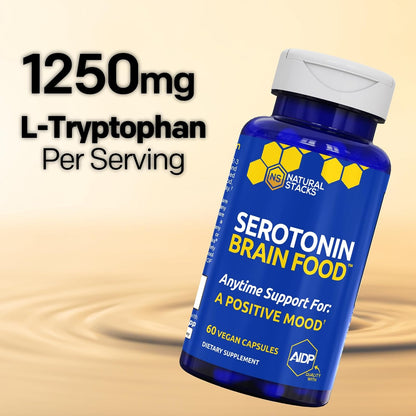 Serotonin Brain Food - 1250mg L-Tryptophan & 400mg Rhodiola Rosea Supplement - Mood Support with Magnesium Glycinate & Zinc - 60 Capsules