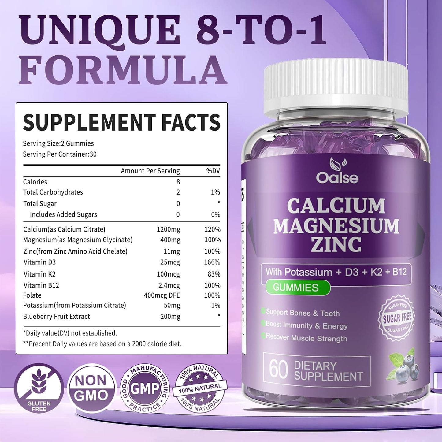 (120 Counts) Calcium Magnesium Zinc Gummies with Vitamin D3 & K2 - High Absorption Magnesium Glycinate - Muscles, Immune & Sleep Support - Sugar-free - Blueberry Flavoured - görsel 3