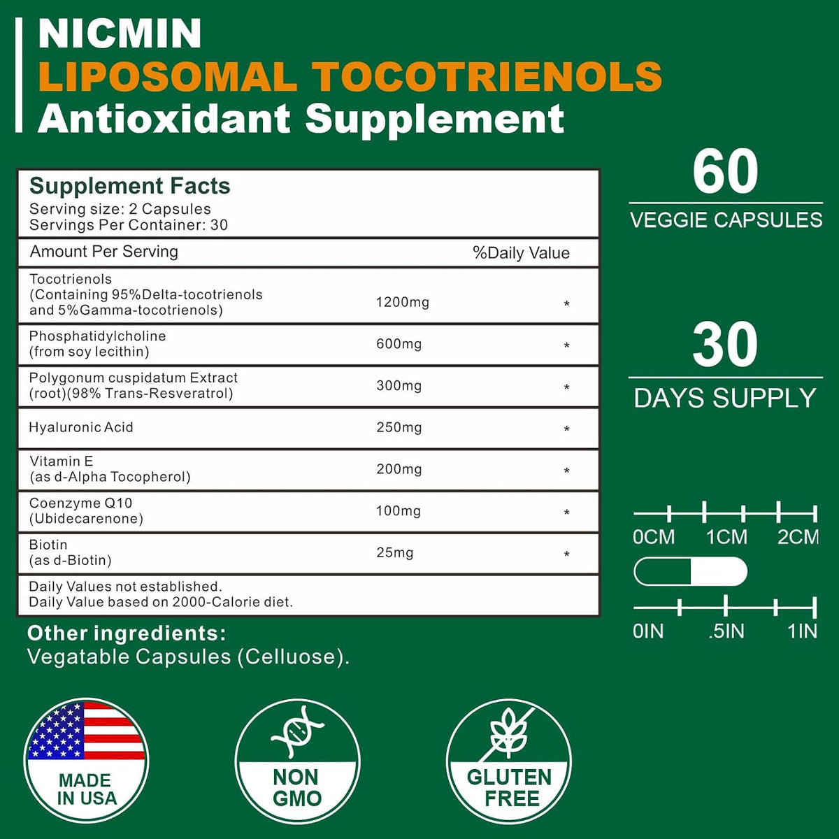 NICMIN Vitamin E Tocotrienols 1200mg – – Phosphatidylcholine 600 mg : Supports cell membrane integrity and aids – Image 2