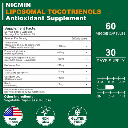 NICMIN Liposomal Vitamin E Tocotrienols 1200mg - High Absorption Supplement with Phosphatidylcholine, CoQ10, and Hyaluronic – Image 2