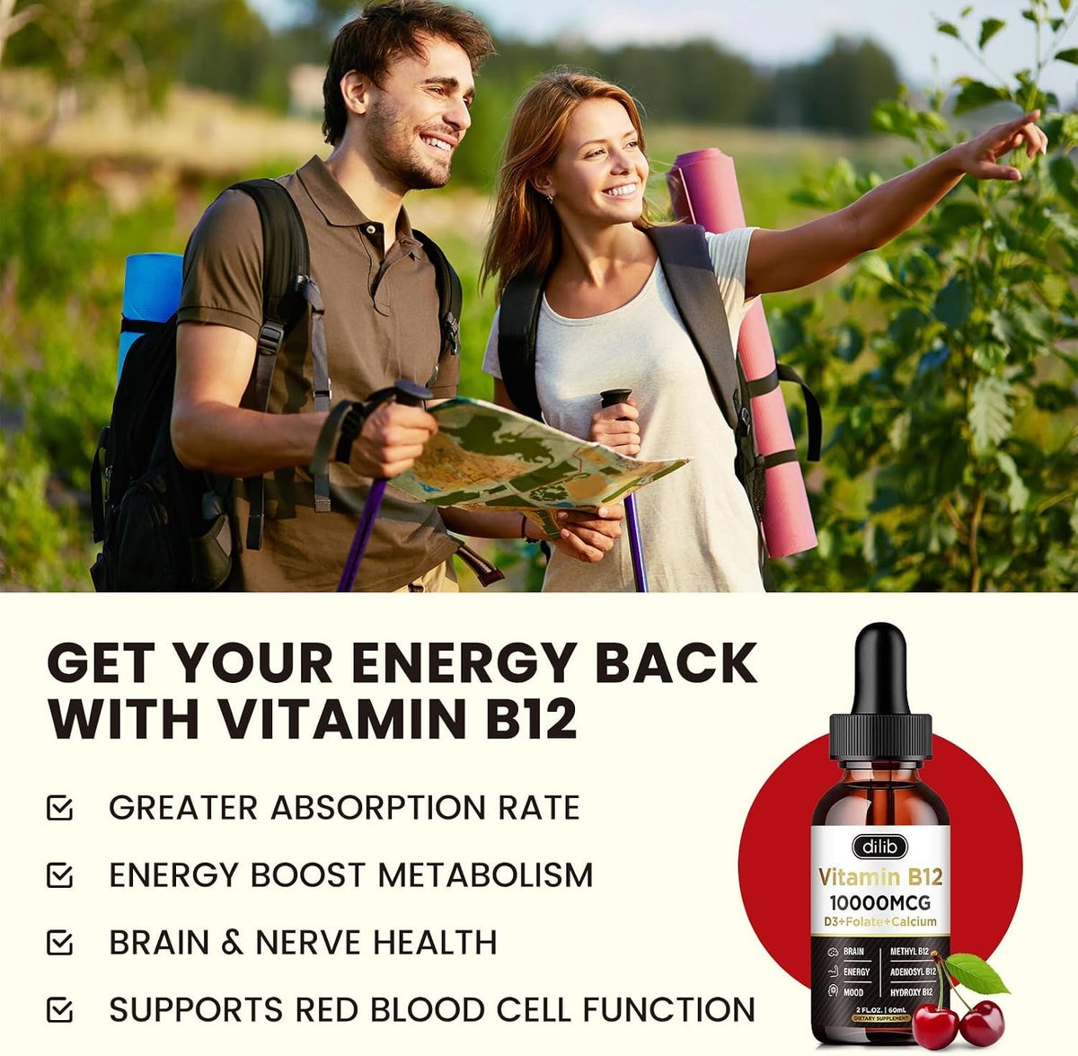 Vitamin B12 Complex 10000 mcg - Triple Liquid B-12 Drops Sublingual Supplement with Methylcobalamin, Adenosylcobalamin, and – Image 2
