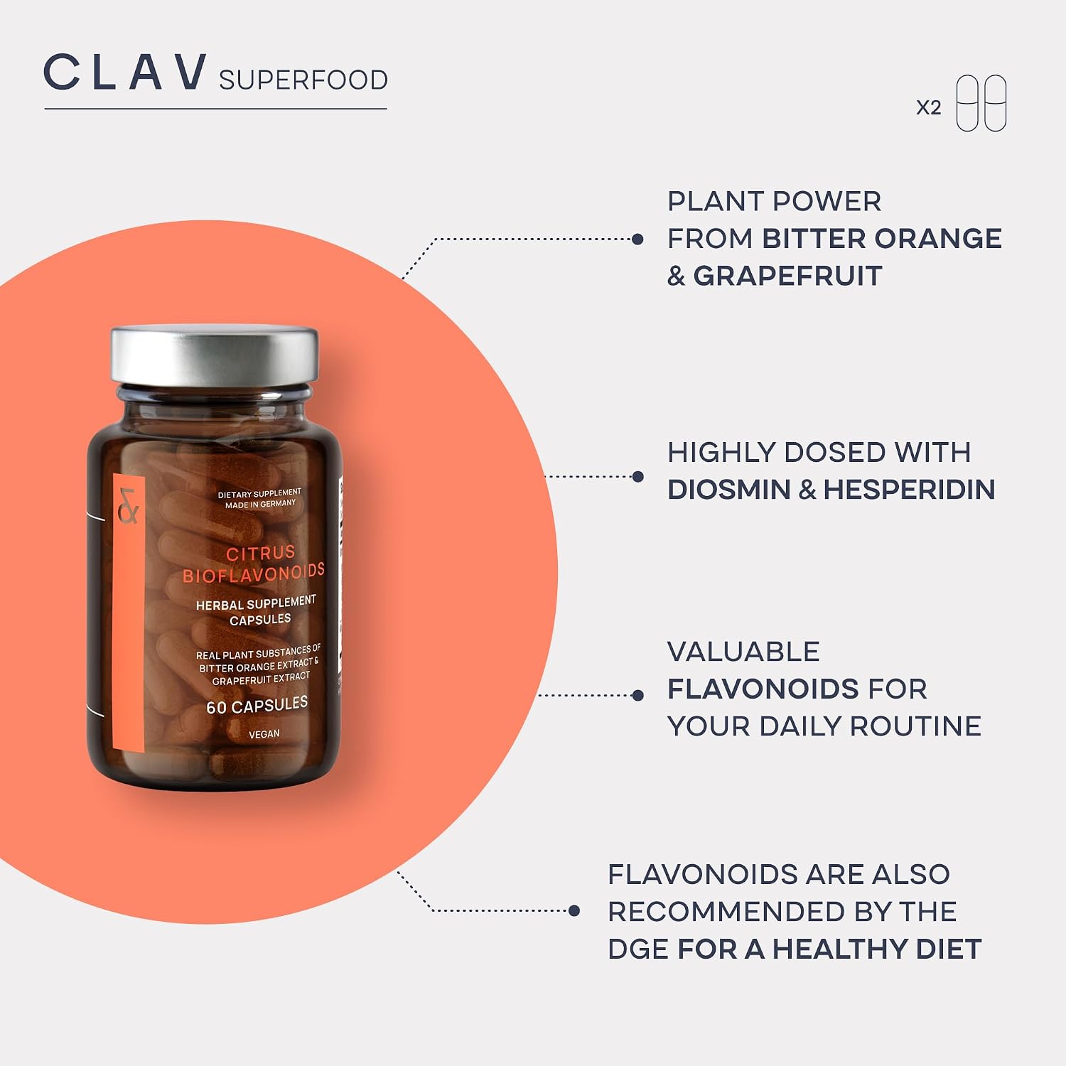 CLAV Citrus Bioflavonoids - Vegan Flavonoids Supplement with Bitter Orange and Grapefruit Extract - Antioxidant & Immune Support - 60 Capsules - görsel 3