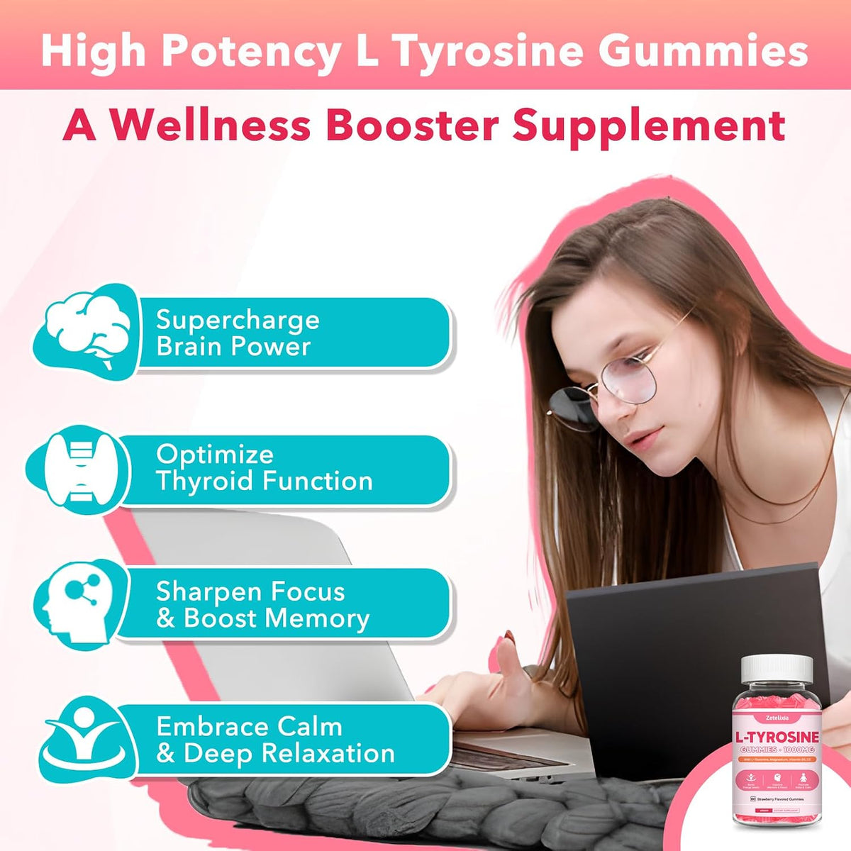 L-Tyrosine Gummies, 10-in-1 Supplement for – L-Theanine: Promotes relaxation without drowsiness, balancing the – Image 2