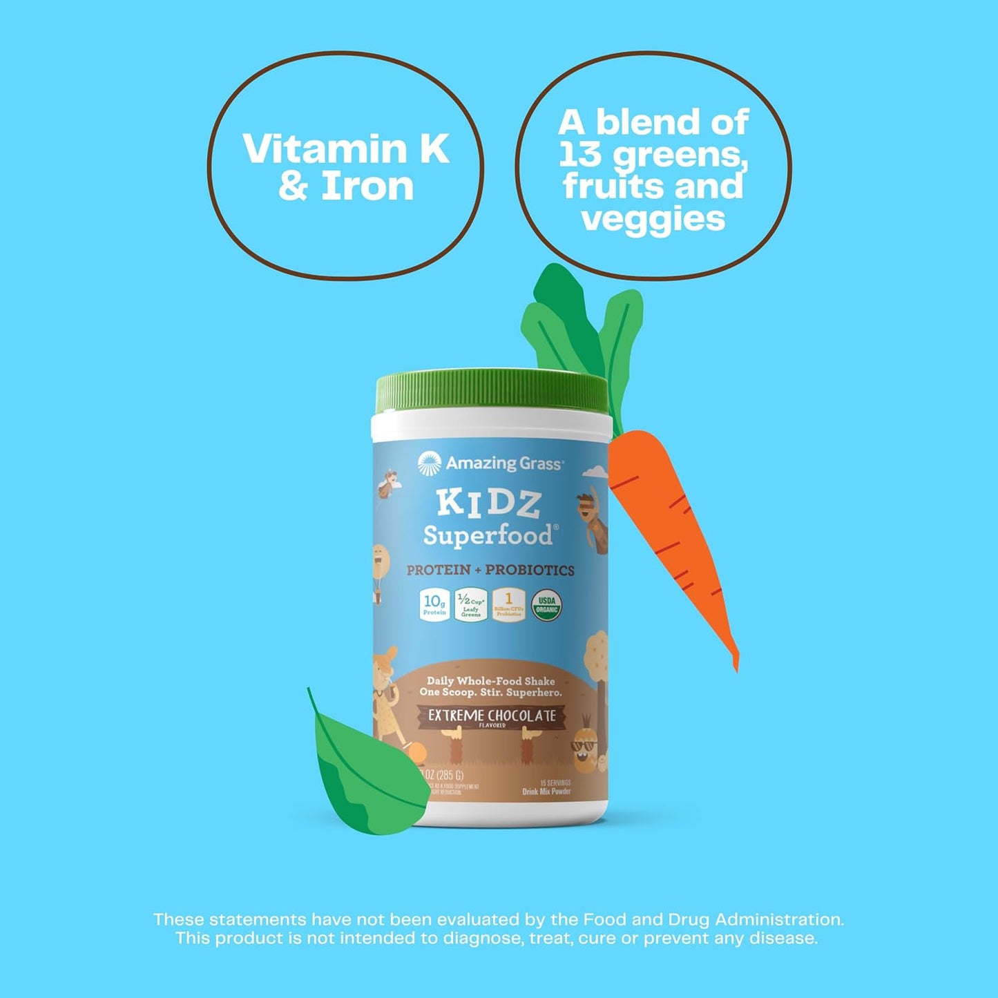 Amazing Grass Kidz Superfood: Vegan Protein & Probiotics for Kids, Extreme Chocolate, 15 Servings - görsel 3