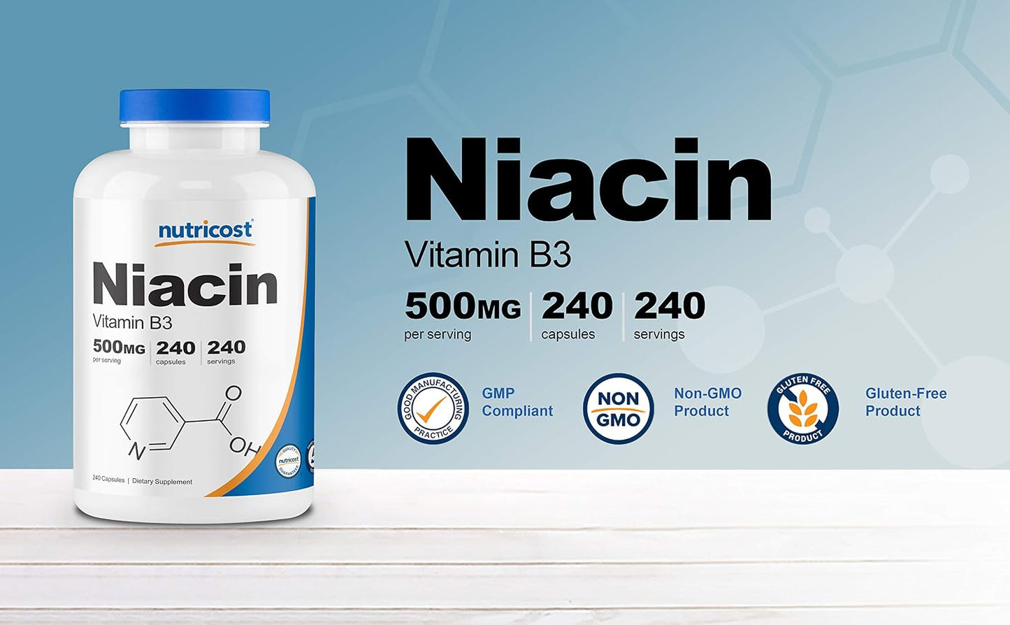 Nutricost Niacin (Vitamin B3) 500mg, 240 Capsules (3 Bottles) – Niacin Flush - görsel 4