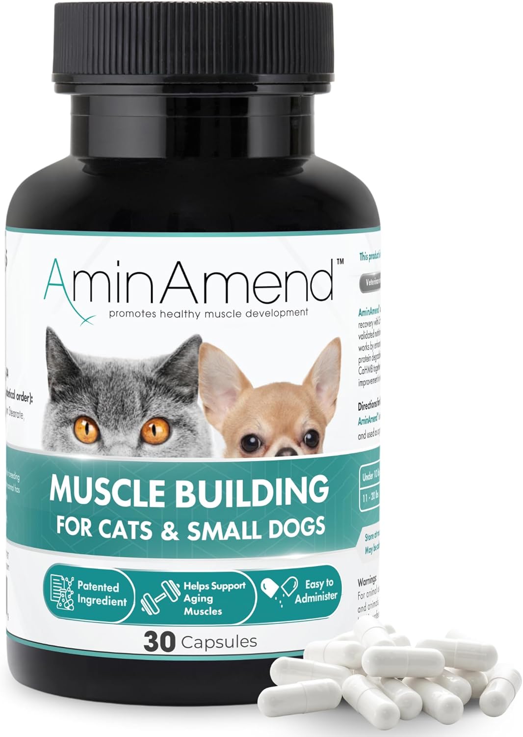 AminAmend Muscle Support Pet Supplement for Small Dogs and Cats with CaHMB and Vitamin D3 – 30 Capsules – Image 1
