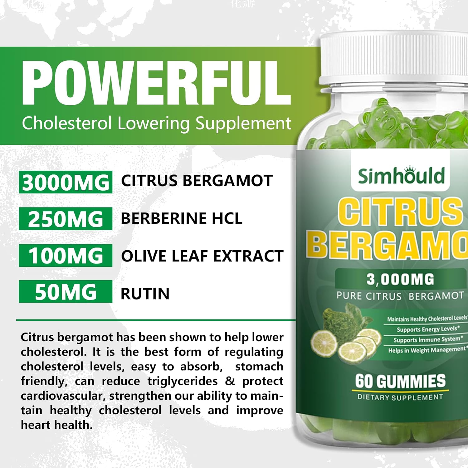 Citrus Bergamot Gummies 3000mg – Cholesterol & Immune Support Supplement, Vegan, Lime Flavour (60 Count) - görsel 3
