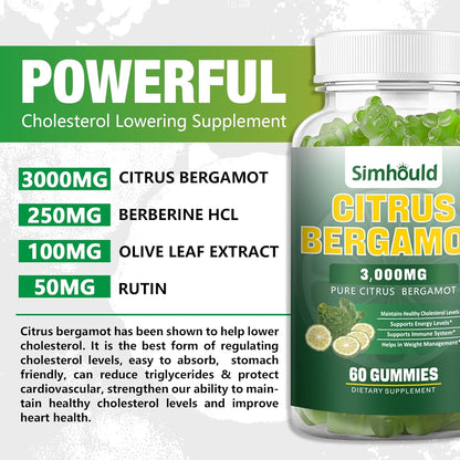 Citrus Bergamot Gummies 3000mg – Cholesterol & Immune Support Supplement, Vegan, Lime Flavour (60 Count)