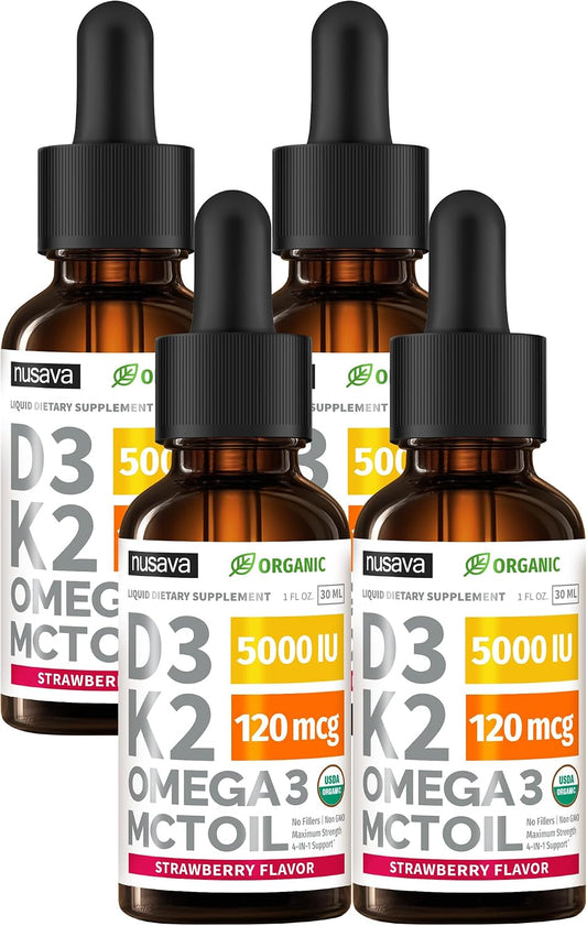 (4 Pack) Organic Vitamin D3 K2 Drops with MCT Oil & Omega 3 - Liquid Vitamin D3 5000 IU - K2 D3 Vitamin Supplement - Vitamin – Image 1