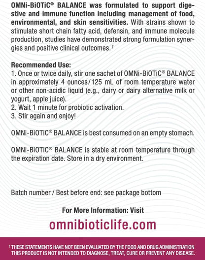 OMNi BiOTiC Balance Probiotic Immune Support - Bifidobacterium & Lactobacillus - Hypoallergenic - Immune Booster Supplement for Men and Women - Non-GM (28 Daily Sachets)