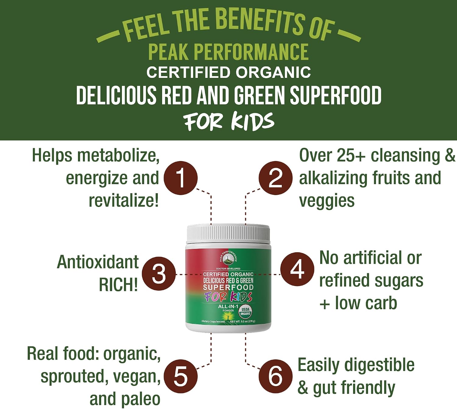 Peak Performance Kids Greens and Reds Superfood Powder - Organic Vegan Superfood with 25+ Fruits & Vegetables - görsel 2