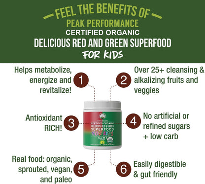 Peak Performance Kids Greens and Reds Superfood Powder - Organic Vegan Superfood with 25+ Fruits & Vegetables