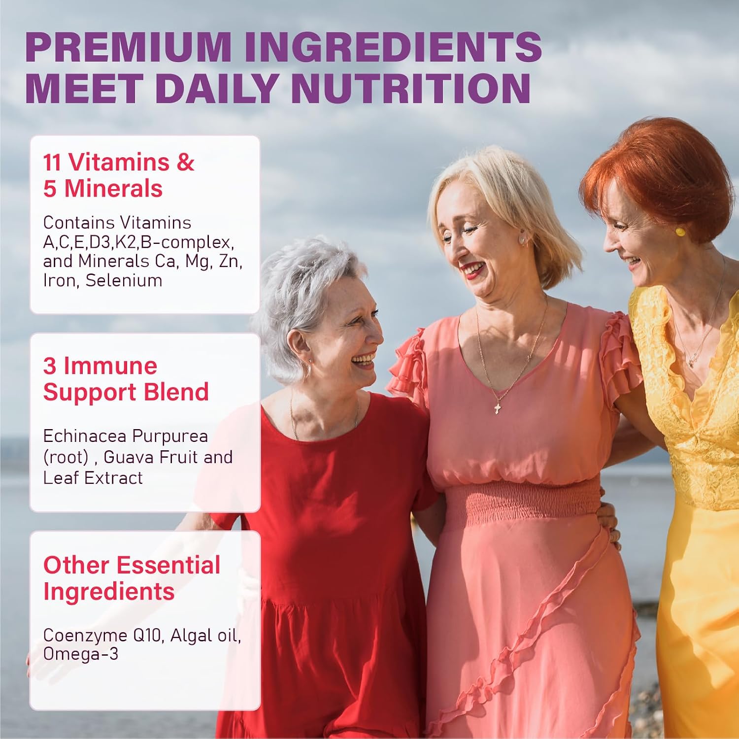 Multivitamin Gummies for Women's 50+ with Omega-3, Coenzyme Q10, Iron, Calcium, Zinc, Vitamin A, C, D3, E, K2, B Complex, Folate - Multi Vitamins & Minerals for Energy, Beauty, Immune - Pack of 2 - görsel 3