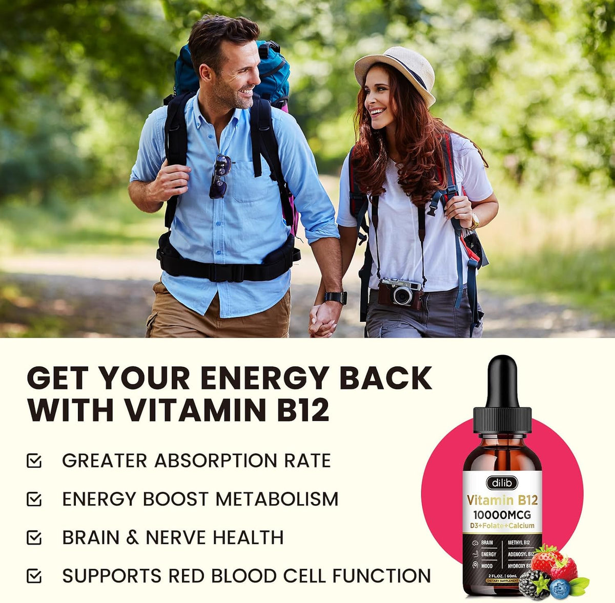 Vitamin B12 Complex 10000 mcg | Vegan Triple Liquid B-12 Drops | Methylcobalamin & Adenosylcobalamin & Hydroxo Blend for – Image 2