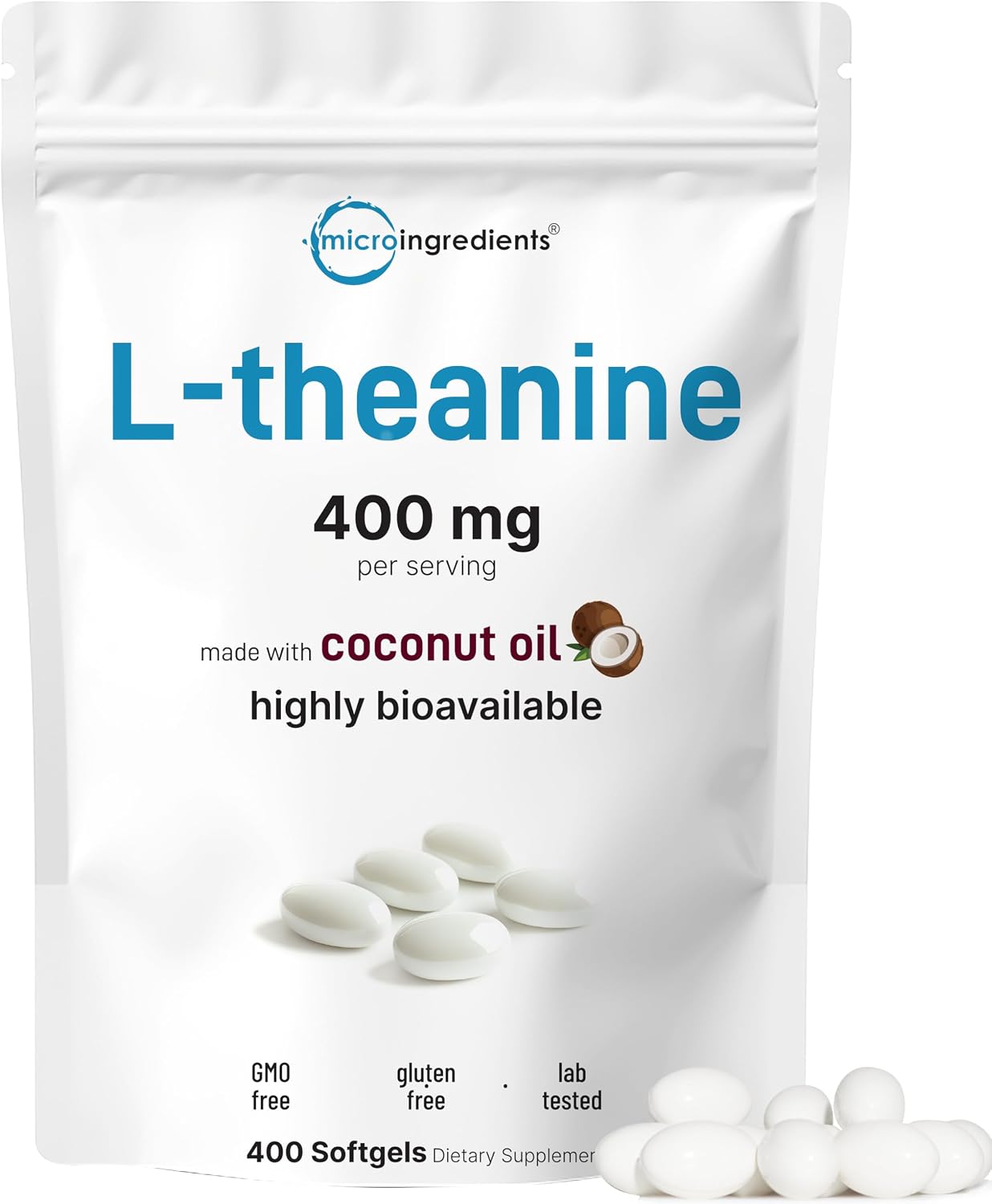 Micro Ingredients L-Theanine 400mg, 400 Soft-gels | Highly Bioavailable with Coconut Oil | Calm & Relaxation Support + Focus Supplement | Non-GM, Gluten Free - görsel 1