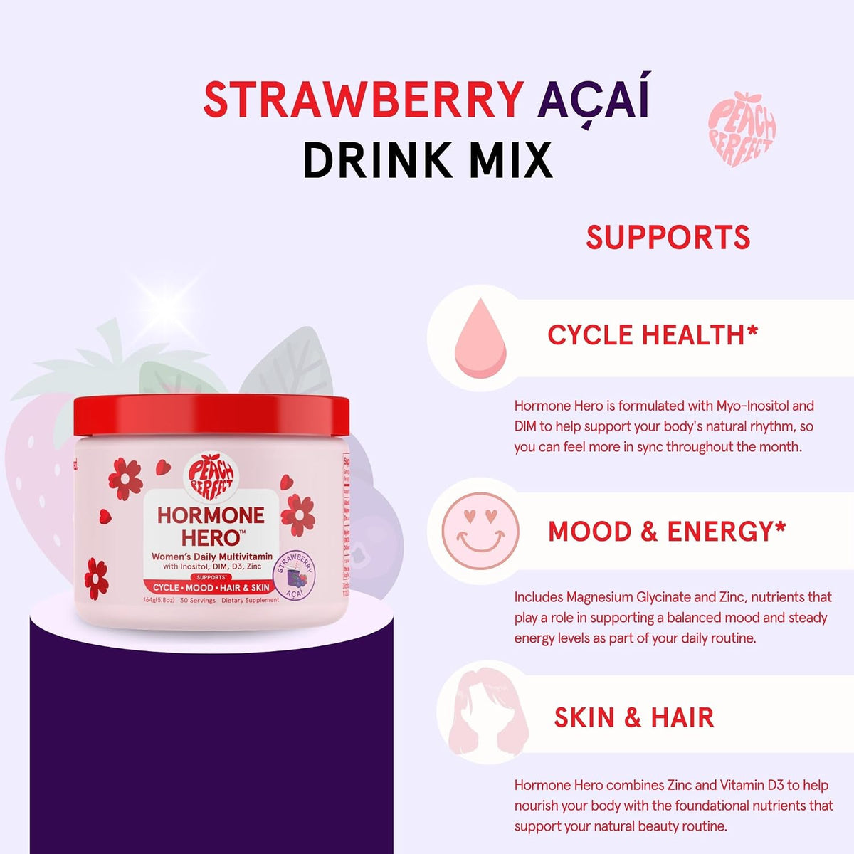 Peach Perfect Inositol Powder Multivitamin, Strawberry Acai Flavour – 4g Myo & D-Chiro Inositol, DIM, Zinc, Magnesium – Image 5