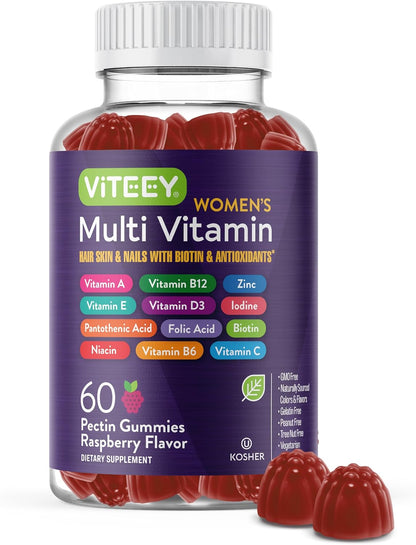 Viteey Women's Multivitamin Gummies - Raspberry Flavoured - 12 in 1 Essential Vitamins & Minerals, Vegetarian, Kosher