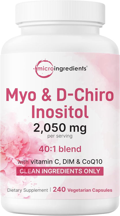 Myo-Inositol & D-Chiro Inositol 2,050mg | 240 Vegetable Capsules + Vitamin C, Folate, DIM, & CoQ10 | Inositol Supplement for Women's | 40:1 Ratio | Hormonal Balance & Ovarian Support | Filler Free