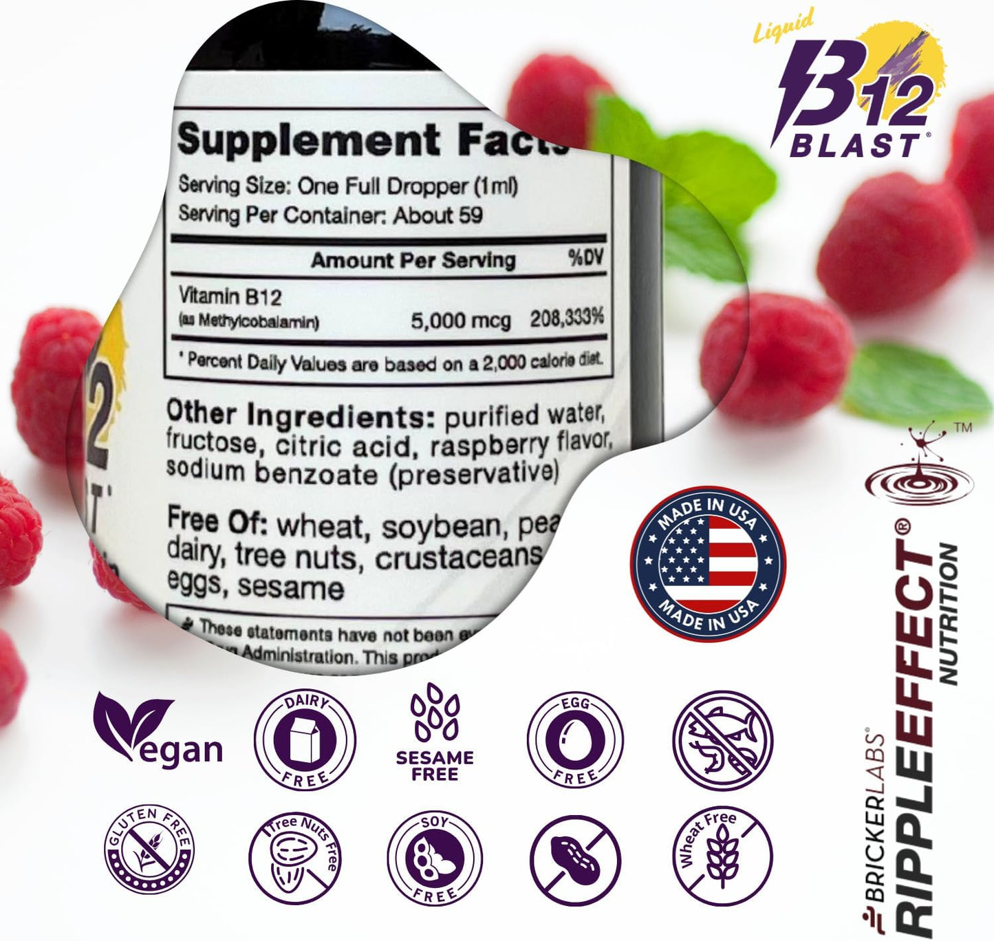 Bricker Labs B12 Blast Methylcobalamin 5000mcg Sublingual Liquid - Vegan B12 Energy Support - görsel 7