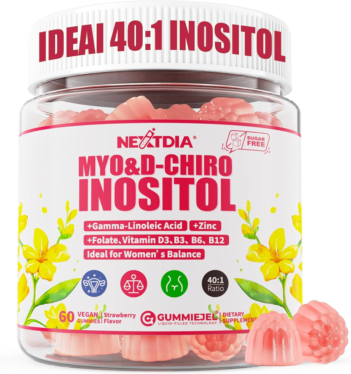 Nextdia Inositol Gummies with Evening Primrose Oil for Women's - 40:1 Ratio Myo-Inositol 2000mg & D-Chiro Inositol 50mg with – Image 1