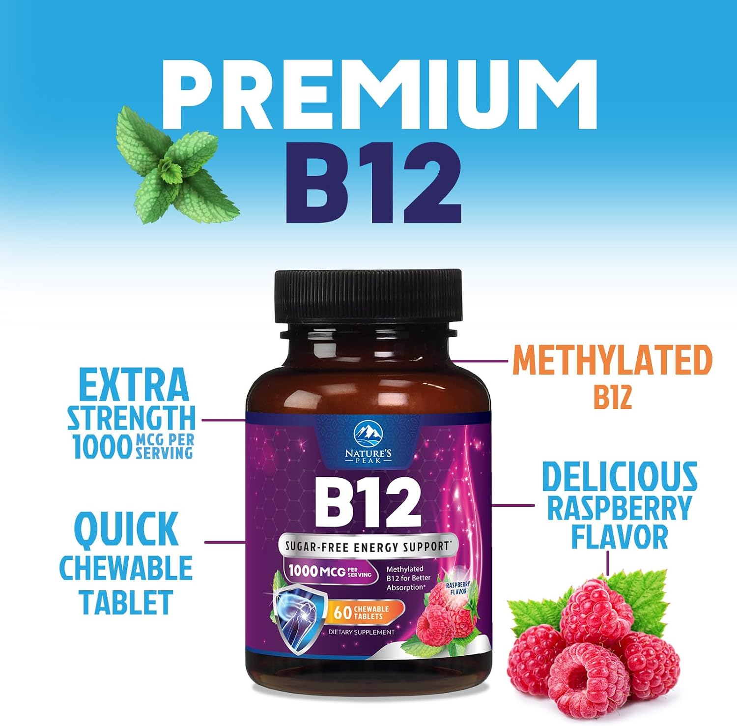 Nature's Peak Vitamin B12 Complex (Methylcobalamin) 1000 mcg - Chewable Tablets, Berry Flavour - 60 Count - görsel 6