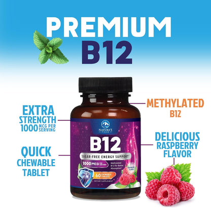 Nature's Peak Vitamin B12 Complex (Methylcobalamin) 1000 mcg - Chewable Tablets, Berry Flavour - 60 Count