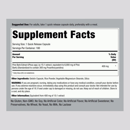 Piping Rock Pine Bark Extract Capsules | 180 Count | Standardised Herbal Supplement | Non-GM & Gluten free