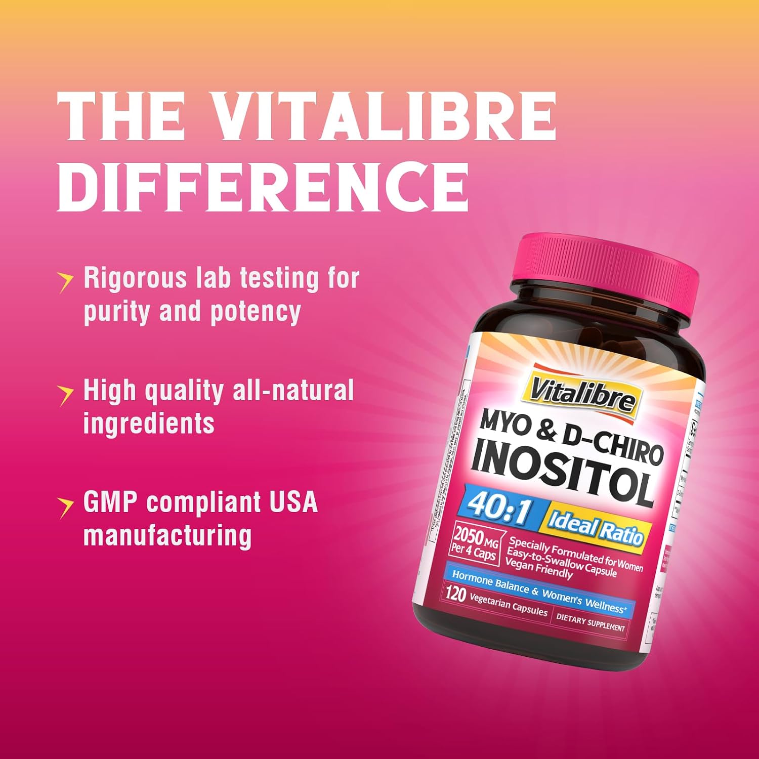 Vitalibre Inositol Supplement - Myo-Inositol & D-Chiro Inositol 40:1 Ratio for Women's's Hormonal Balance, 120 Vegan Capsules - görsel 7