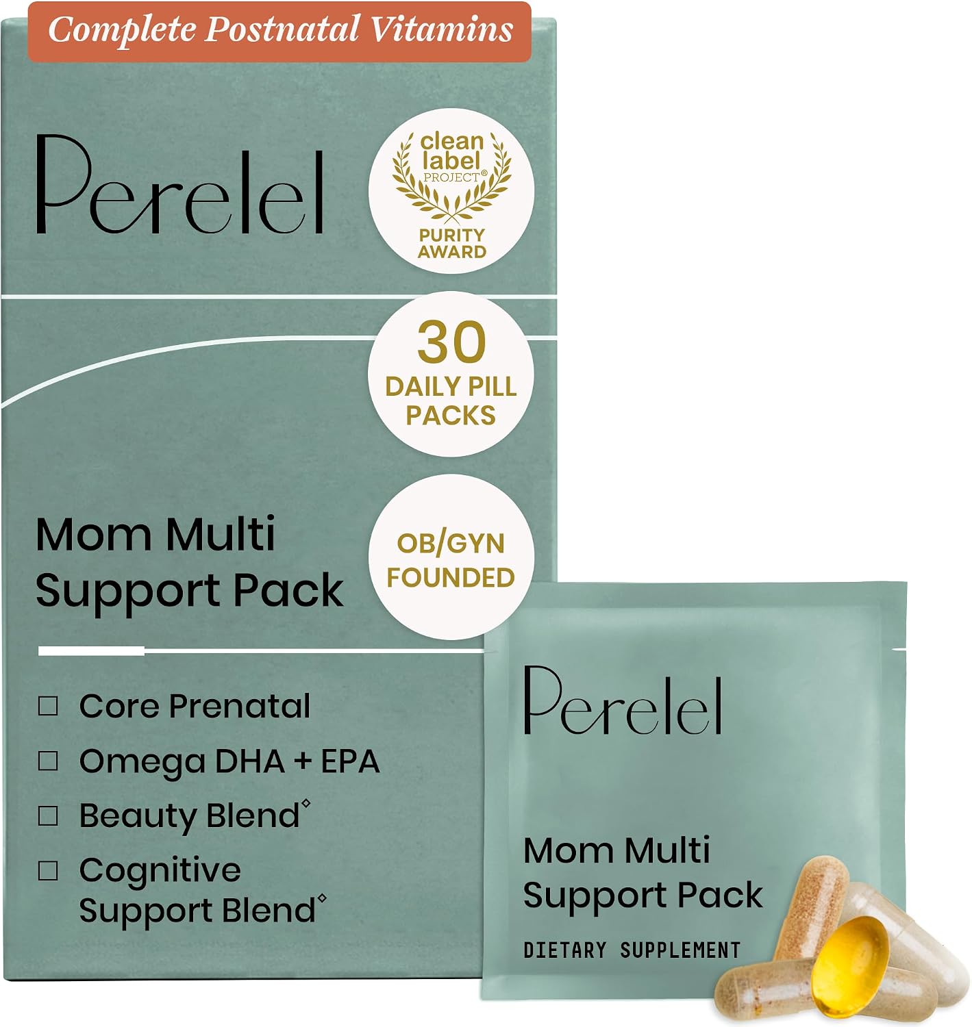 Perelel Mother Multi Support Pack - Postnatal Vitamins with Omega-3 DHA, Iron, Collagen & Vitamin B12 - 30 Daily Pill Packs - görsel 1