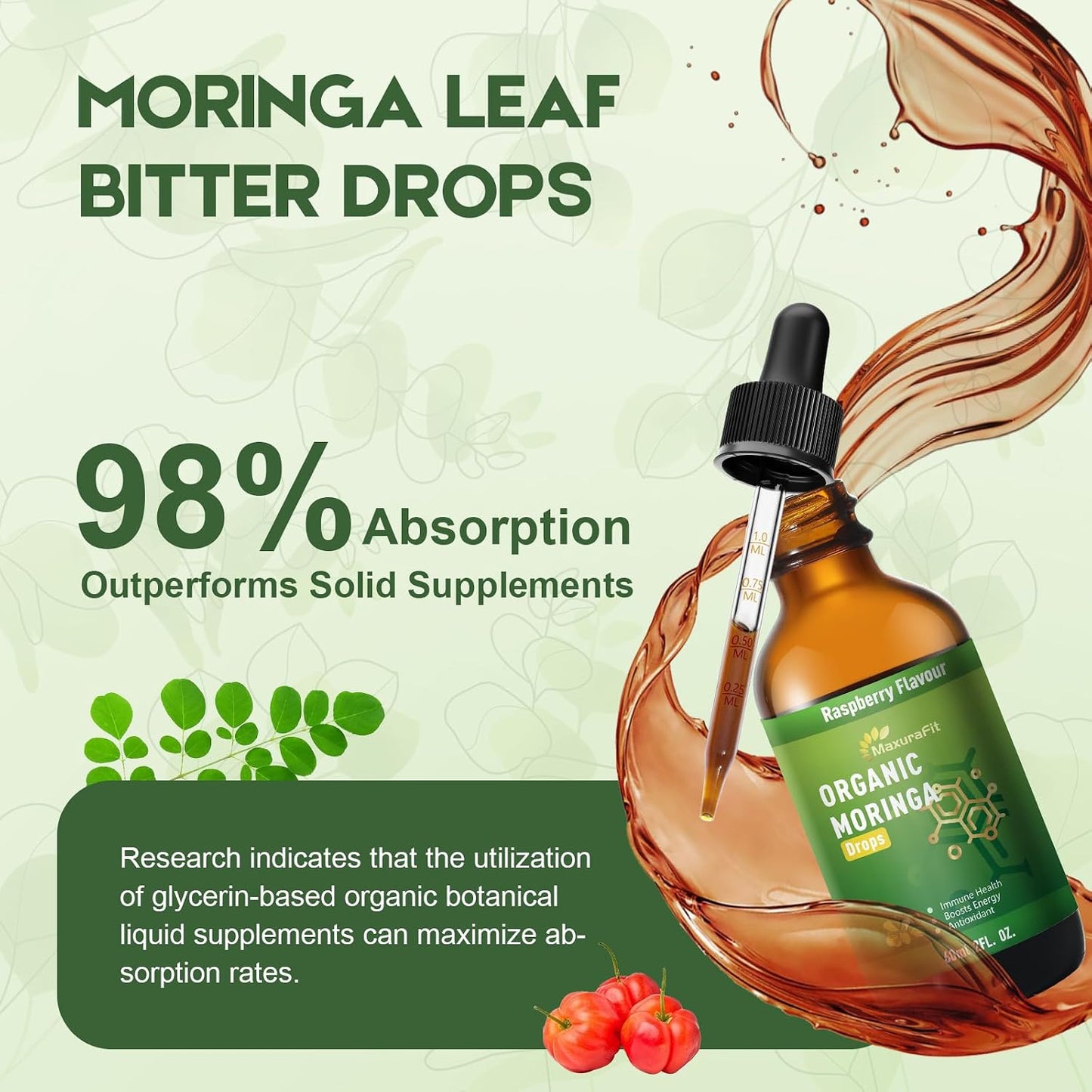 Moringa Leaf Drops with Vitamin C, Moringa Oleifera Extract Liquid Drops for Immunity Support, Antioxidant, Overall Health & Energy, Vegan Herbal Supplement 120 mL - görsel 6