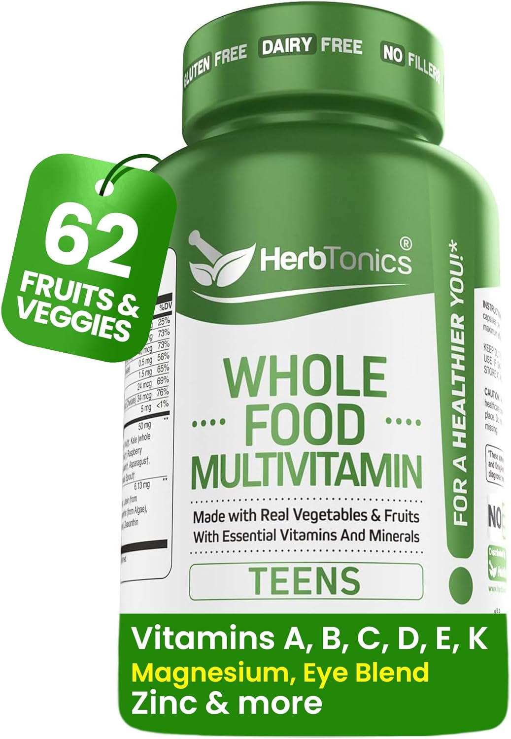 Herbtonics Wholefood Teen Vitamins - Multivitamin for Boys & Girls Ages 12-18 - Energy, Focussed and Immune Support - 60 Capsules - görsel 1