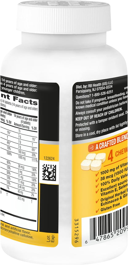 Airborne 1000mg Vitamin C + Zinc Immune Support Chewable Tablets, Citrus Flavour (116 Count)